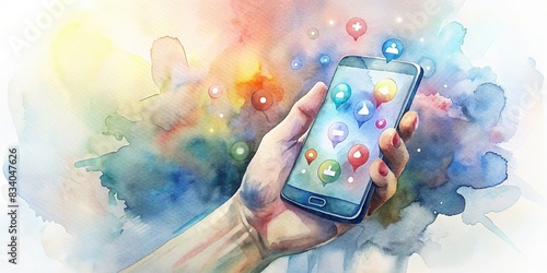 Hand holding modern mobile phone with social network icons in watercolor style , technology, communication, mobile phone, social network, hand, modern, watercolor, digital, online