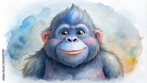 Cartoon gorilla with adorable features on a white background watercolor , cute, animal, wildlife, ape, jungle, cartoon, character, playful, fun, humorous,white background, watercolor