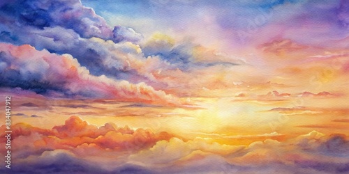 Watercolor background of a vibrant sunset sky with puffy clouds , sunset, sky, watercolor, background, colorful, clouds, texture, sunrise, abstract,easter, vibrant