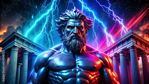 Strong and imposing stoic statue in metallic black, blue, purple, and red colors with a beard, lightning and fire, Greek temple background, lots of rain.