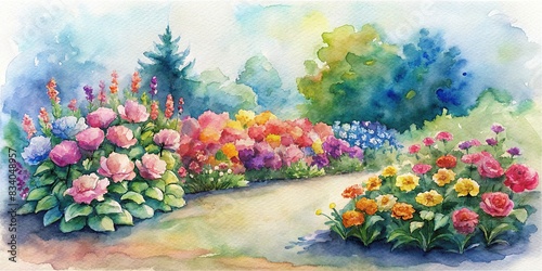 Colorful flowerbed in a garden isolated on background watercolor, flower, garden, nature, beautiful, colorful, vibrant, botanical, flora, plant, bloom, blossom, spring, summer, isolated