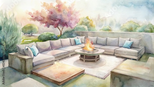 Contemporary outdoor lounge set with modular seating, weather-resistant materials, and fire pit, creating an inviting retreat for relaxation and entertainment , outdoor, lounge set