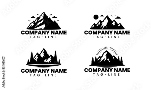 Mountain scenery logo sketch icon in black and white isolated on white background, Mountain scenery icons