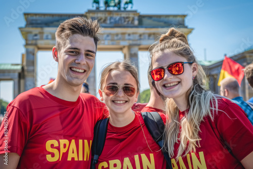 Spanish football soccer fans in downtown Berlin at the Brandenburg gate celebrate the national team, La Selección, La Furia Roja