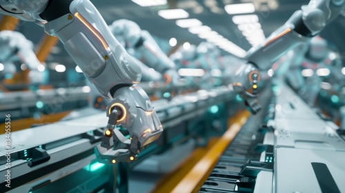 Robot arms moving on belt in EV battery plant