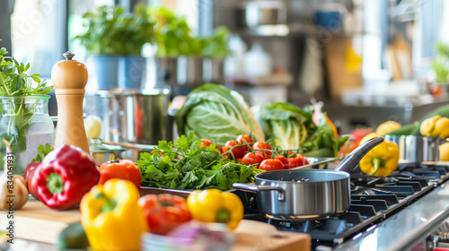 Ansicht einer Küche mit frischem Gemüse und Kochutensilien