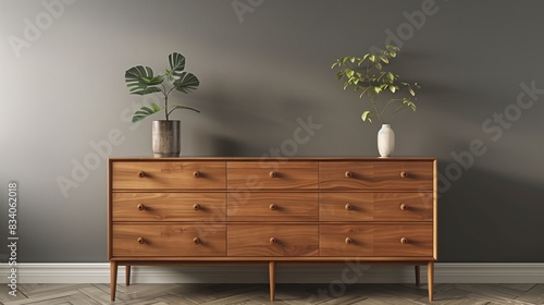 Stylish mid-century modern dresser with smooth wooden finish set against a muted gray wall, bedroom furniture, elegant and practical storage solution