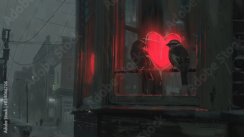  A pair of birds perched on a window sill adjacent to a heart-shaped one
