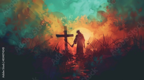 God please forgive me concept: Jesus holding hand of someone for help over blurred the cross 