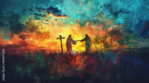 God please forgive me concept: Jesus holding hand of someone for help over blurred the cross