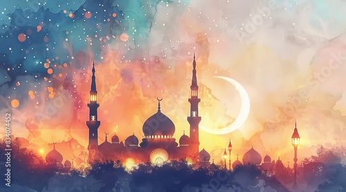 golden ramadan kareem footage animation with crescent, lantern, mosque and , mandala