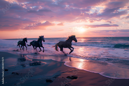 A tranquil beach at sunrise with horses running along the shore, the waves gently lapping at their hooves and the sky painted in pastel colors.