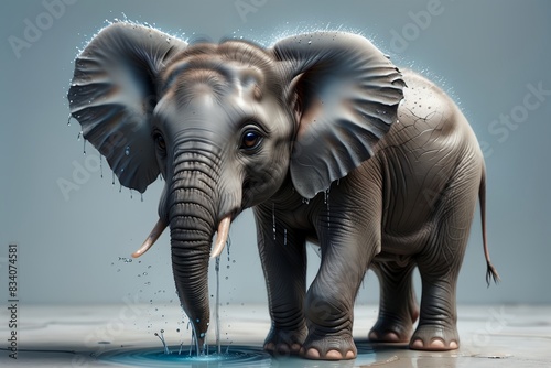 cute baby elephant with clean water, isolated on blue background