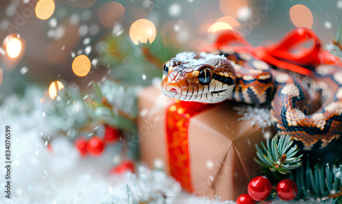 snake with giftbox as a symbol of 2025 on a Christmas background