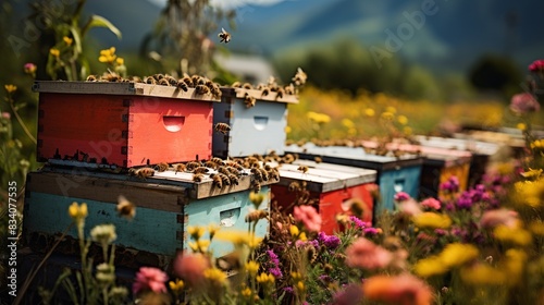 A beekeeping farm with colorful hives and bees buzzing around flowers 