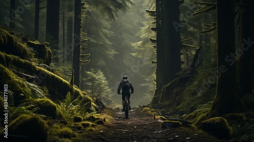 A biker navigating a challenging trail in the forest, with trees and foliage surrounding them and the trail stretching out ahead, captured mid-ride. 