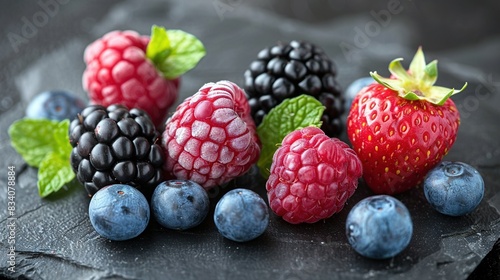  Raspberries, blueberries, raspberries, and blackberries arrange on a slate platter