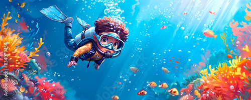 a cartoon of a scuba diver in a blue ocean with bubbles.