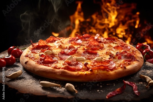 pizza with tomato sauce and salami, generative ai