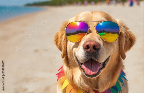 A golden retriever Labrador wearing rainbow coloured sunglasses stands on a sandy beach. The dog is smiling with his tongue out. The beach and ocean in the background are out of focus. Pride month ce