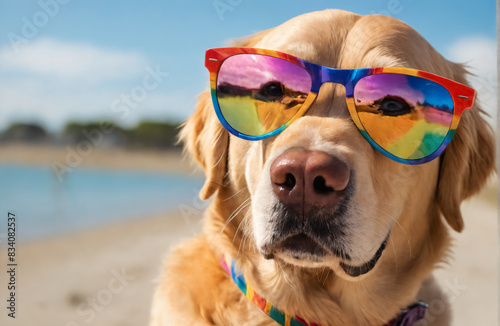 A golden retriever Labrador wearing rainbow coloured sunglasses stands on a sandy beach. The dog is smiling with his tongue out. The beach and ocean in the background are out of focus. Pride month ce