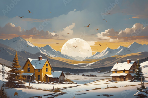 ski resort in the mountains painted background