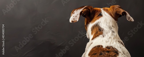 A brown and white dog with floppy ears is looking away, with a blurred background.
