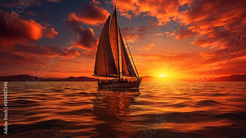 A breathtaking sunset at sea, with the sun sinking into the ocean, casting a warm glow over a sailboat cruising gently across the waves. 