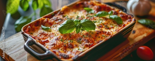 Delicious homemade lasagna in a baking dish topped with melted cheese and fresh basil leaves.