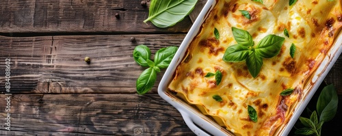 Delicious homemade lasagna in a baking dish topped with melted cheese and fresh basil leaves.