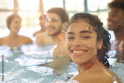 Young people in a pool summer vacation swimming fun swimwear diving freedom happiness relaxation goggles leisure activity hot weather warm comfy water excitement refreshing spa