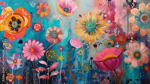 A vibrant and whimsical painting featuring stylized flowers in a myriad of colors with abstract patterns and textures.