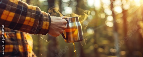 The cozy moment of pouring a hot beverage into a mug outdoors, surrounded by forest ambiance.