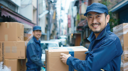 Cheerful asian courier with a package, colleague in the background in a narrow city passageway