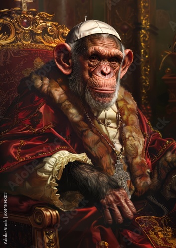 Ape or monkey adorned in elaborate religious attire, featuring rich fabrics and symbolic accessories