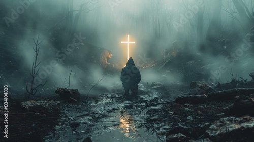 Silhouette of a Man Praying at the Cross in a Mystical Landscape Generative AI