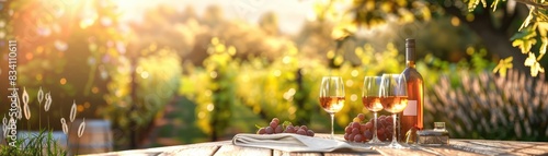 Two wine glasses on a table with a vineyard landscape in the background, capturing the golden light of sunset.