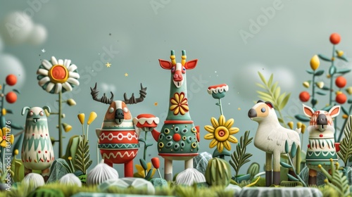Artistic 3D illustration of Scandinavian folk art, with stylized depictions of animals, plants, and symbols commonly found in Nordic culture, rendered in a contemporary style and formatted in a 16:9
