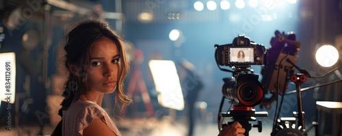 Young actress with an intense gaze posing in front of a professional film camera on a set with colorful lighting.