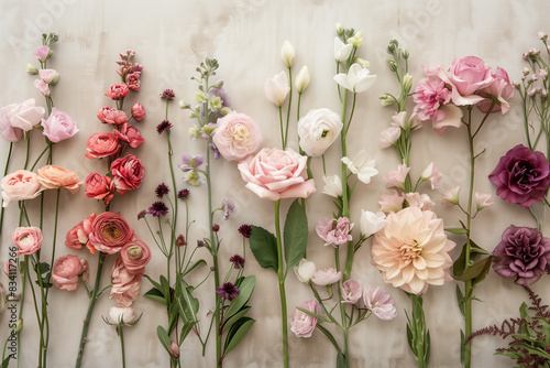 Fiori colorati sparsi su fondale bianco neutro