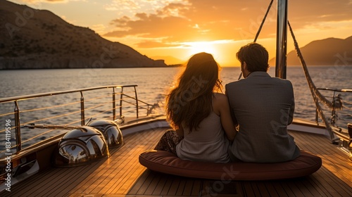 A couple sitting on the deck of a luxury yacht, watching the sun set over the open ocean, their faces illuminated by the warm, golden light 