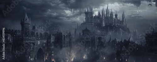 Mysterious and digital artwork of a dark, gothic city shrouded in mist, with a foreboding vibe