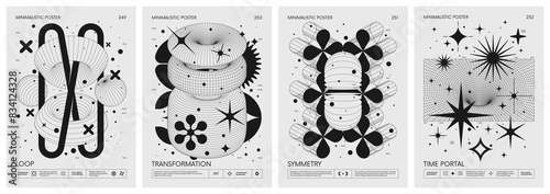 Brutalist style vector minimalistic Posters with silhouette basic figures, Retro futuristic graphic elements of geometrical shapes rave composition, Modern monochrome print artwork, set 63