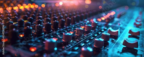 A close-up view of a colorful professional audio mixing console in a vibrant studio.