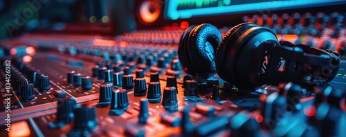 A close-up view of a colorful professional audio mixing console in a vibrant studio.