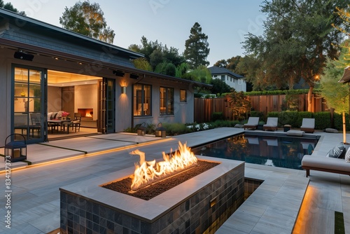 A modern backyard features a fire pit, pool, and patio for relaxing evenings