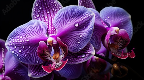 A detailed view of a purple orchid with velvety petals and delicate veins 