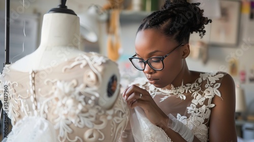 A woman designer wearing glasses focuses intently on sewing a beautiful white bridal gown on a mannequin with patterns. She is hard at work in her studio.