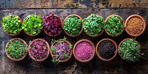 Assortment of microgreens in terracotta bowls on a wooden background.