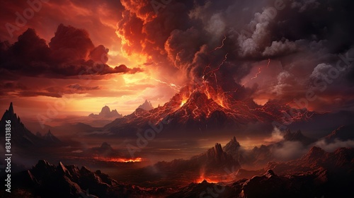A dramatic volcanic eruption with flowing lava and ash clouds 